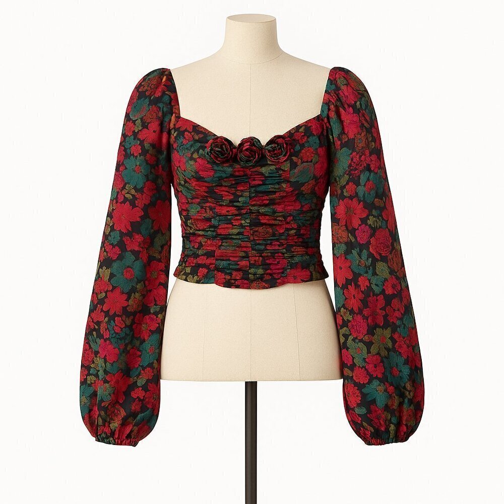 Free People Oh LaylaFloral Crop Top Sz Small Black Combo Smocking Balloon Sleeve